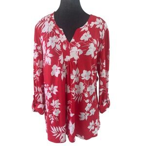 Ruby Rd Wms Red White Tropical Hibiscus Split V-Neck Roll Tab Sleeve Top L